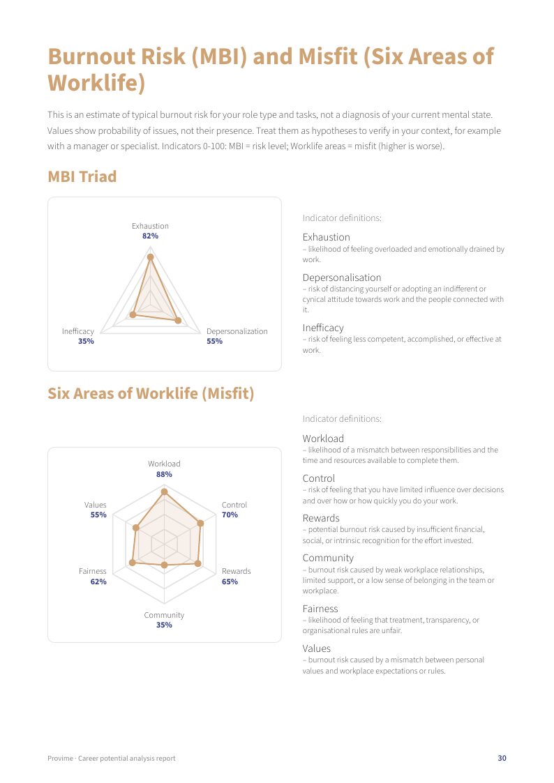 Page of the Provime example report: Burnout risk